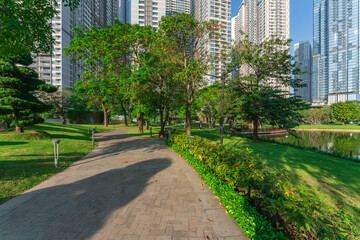 Landmark 81, skyscrapers viewed from below towards sky represents urban development with modern architecture. Combined with Vinhomes Central Park Project