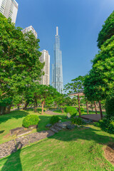 Landmark 81, skyscrapers viewed from below towards sky represents urban development with modern architecture. Combined with Vinhomes Central Park Project