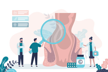 Doctor holds magnifying glass and examines colon. Group of proctologists analysis perianal area. Medical workers treats internal organs. Proctology, medicine banner. Prescription of treatment.