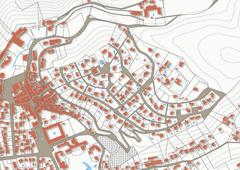 Urbanisme et territoire - rendu 2d plan cadastral d'un village avec limites de parcelles, bâtiments 3d et piscines