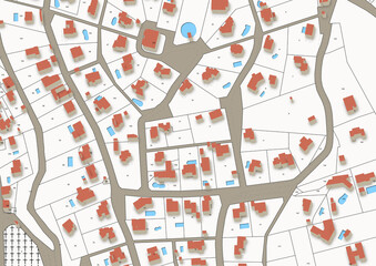 Urbanisme et territoire - rendu 2d plan cadastral d'un village avec limites de parcelles, bâtiments 3d et piscines