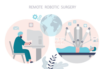 Surgeon device, medical operation equipment. Robotic surgery. Robotic arms, doctor monitoring and assisting with controllers. Surgical doctor robot for operating people,