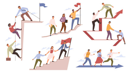 Leader or boss leading people in right direction. Achieving goals and being successful. Business development and teamwork. Flat cartoon character, vector illustration