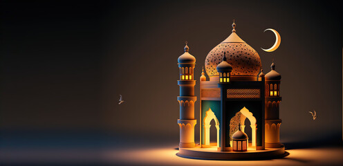 Islamic holiday banner in monotone design. Ramadan night. Cute mosque and lantern displayed on stages with glowing light in the evening. 3d illustration, ai	 - obrazy, fototapety, plakaty