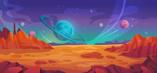 Landscape of planet Mars, sky with stars and celestial bodies. Fantasy world setting or location with dessert and mountains, rocks and cliffs, vectors