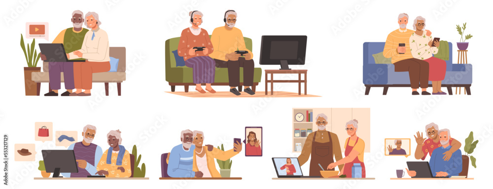 Poster grandmother and grandfather using modern technologies, gadgets and internet in daily life. talking o
