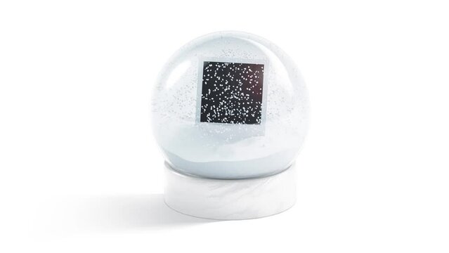 Blank glass snowglobe with square photo snowfall mockup, looped motion