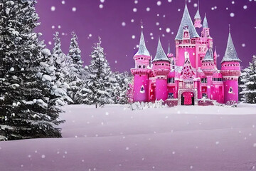Pink christmas card with pink castle 