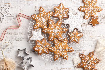 Homemade gingerbread snowflakes icing cookies