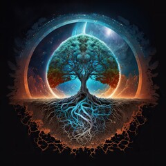 Golden Tree of life. Roots. Represents the afterlife, and connection between the earth and heaven. Generative ai. 