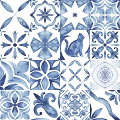 Stof per meter Portuguese ornamental Azulejo ceramic. Blue and white watercolor. © liliia_sinhina