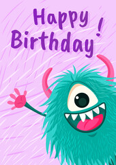 Birthday greeting card with funny cute monster.