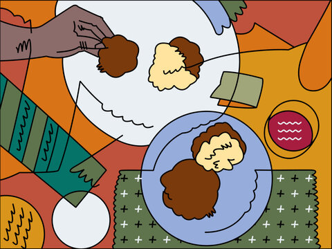A vector illustration of a hand grabbing a vetkoek from a plate.