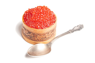delicious red caviar in wooden bowl isolated on white background.