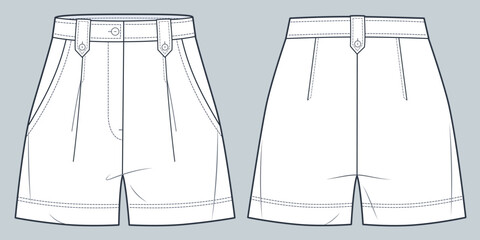 Short Pants technical fashion illustration. High Waisted  Shorts fashion flat technical drawing template, pockets, front and back view, white, women, CAD mockup.