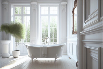 Luxurious retro bathroom with a bathtube wainscoating and white tiles - obrazy, fototapety, plakaty