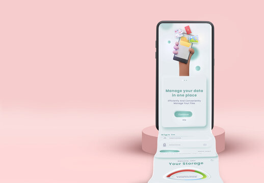 Realistic smartphone with scrolling screen, 3d element on pink background for business promotion, marketing and advertisement purpose