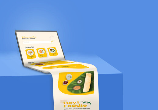 Realistic laptop with south indian food scrolling screen on blue background for presentation, business promotion and advertisement purpose