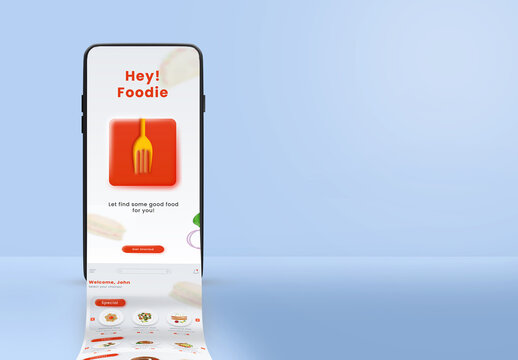 Mobile with food app screen on blue background for business promotion, advertisement and presentation