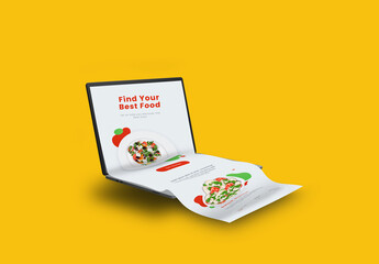 Realistic laptop with find food scrolling screen on yellow background for presentation, business promotion and advertisement purpose