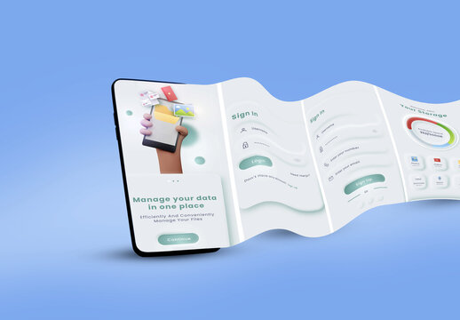Mobile layout with 3d hand long scroll screen on blue background for user interface