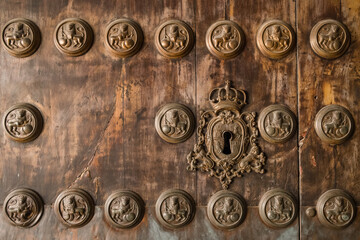 Medieval wooden door with bronze carved decoration with lions and keyhole with crown decoration close-up.