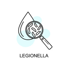 Legionella water test linear icon. Water drop with magnifier and bacterium legionella in linear style isolated. Icon of legionnaire disease. vector eps10