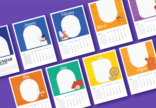 Colorful Set of 2023 Wall Calendar Template with holidays and seasonal elements, week start Monday. Ready to print template with photos placeholder.