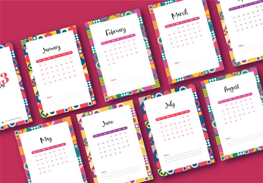 Colorful Set of 2023 Wall Calendar Template with abstract design elements, week start Monday. Ready to print template with photos placeholder.