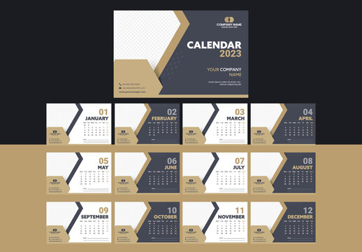Set of 2023 Desk Calendar Template. Corporate layout with week start Monday. Ready to print template with photos placeholder.