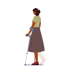 Woman with Leg Fracture Walk on Crutches Rear View Isolated on White Background. Injured Patient Female Character
