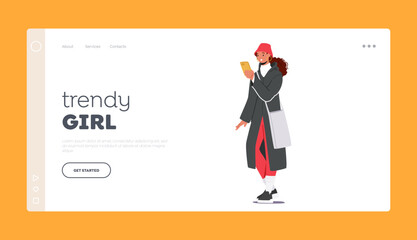 Trendy Girl Landing Page Template. Young Female Character Wear Winter Outfit, Wintertime Fashion, Girl Wear Warm Clothes
