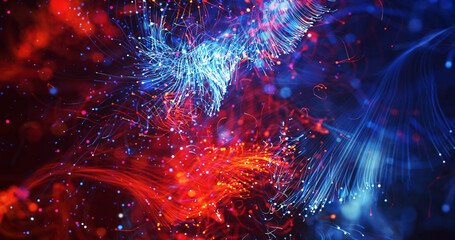 Abstract Colorful Optical Fibers Connecting To Other Networks. Electrical Signals Flowing Inside Of Complex Network. Technology Related 3D Illustration Render.