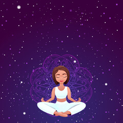Meditation female character sitting in lotus pose, in cartoon style with mandala space background
