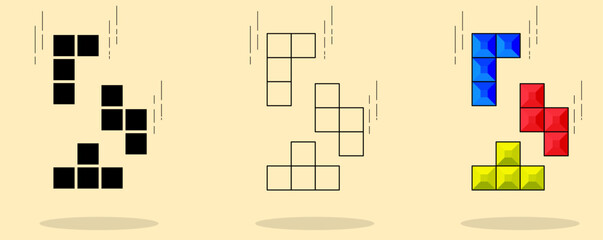 Constructor tetris icon of three types: color, black and white, outline. Isolated vector sign symbol.