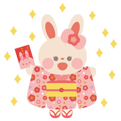お年玉をもらって喜ぶ着物を着たうさぎさん