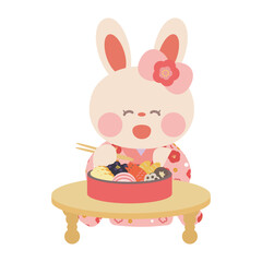 おせちを食べる着物を着たうさぎさん