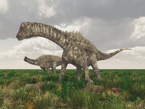 Dinosaurier Ampelosaurus in einer Graslandschaft