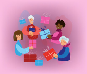 Men and women of different genders and ages give each other gifts, Xmas eve. Boxing day. New year celebration, concept banner, poster modern flat vector illustration