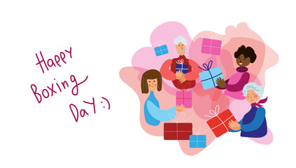 Men and women of different genders and ages give each other gifts, Xmas eve. Boxing day. New year celebration, concept banner, poster modern flat vector illustration