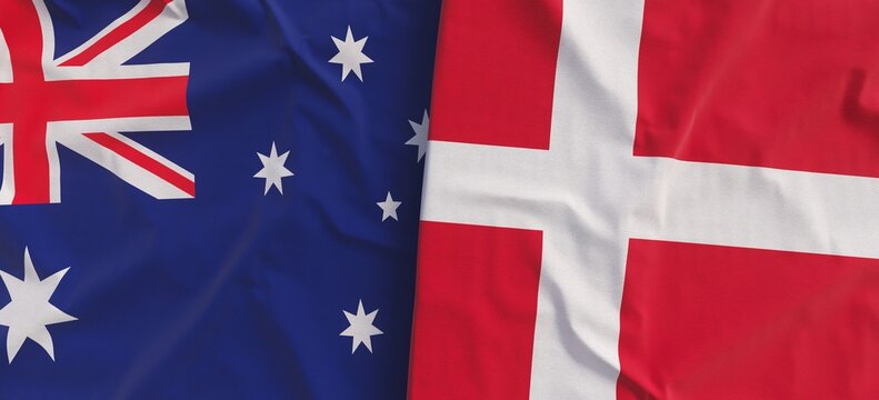 Flags of Australia and Denmark. Linen flag close-up. Flag made of canvas. Australian, Canberra, Sydney. Danish. State symbol. 3d illustration.