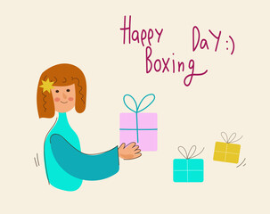 Young  woman with gifts.  Xmas eve. Boxing day. New year celebration, concept banner, poster modern flat vector illustration