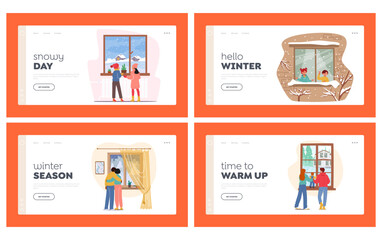 Family Characters Enjoying First Snow Landing Page Template Set. Couple and Kids Stand at Window Looking on Snowflakes