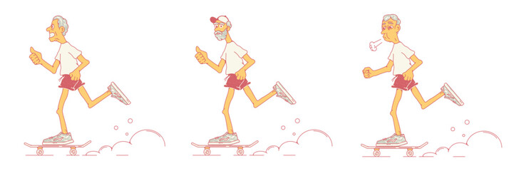 Elderly men ride a skateboard, old people ride a skateboard. Shows thumbs up. Sports people. Side view. Stock vector illustration of elderly men, pensioners leading an active lifestyle.