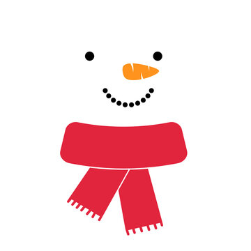 Happy snowman face with red scarf. Christmas decoration. Cartoon snowman head on white background. Flat style vector illustration.
