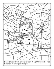 Coloring pages for kids, Winter Snowman Coloring by Numbers Printable, party activity to have a great time.