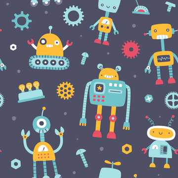 Cute pattern with funny robots for kids. Naive seamless vector print for baby textile and fabric.