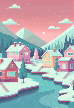 Cute winter village scene with pastel colors. Christmas background image. Ski vacation, holidays. 