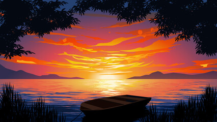 sunset on the lake with boat