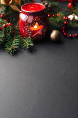 Close up view of fir tree branch, Christmas mood background
